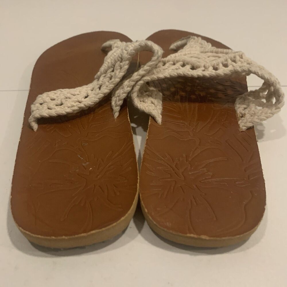 T-strap Sandals Thongs Flip Flop Flats Ivory White Macrame Womens Sz 9 - Picture 11 of 16